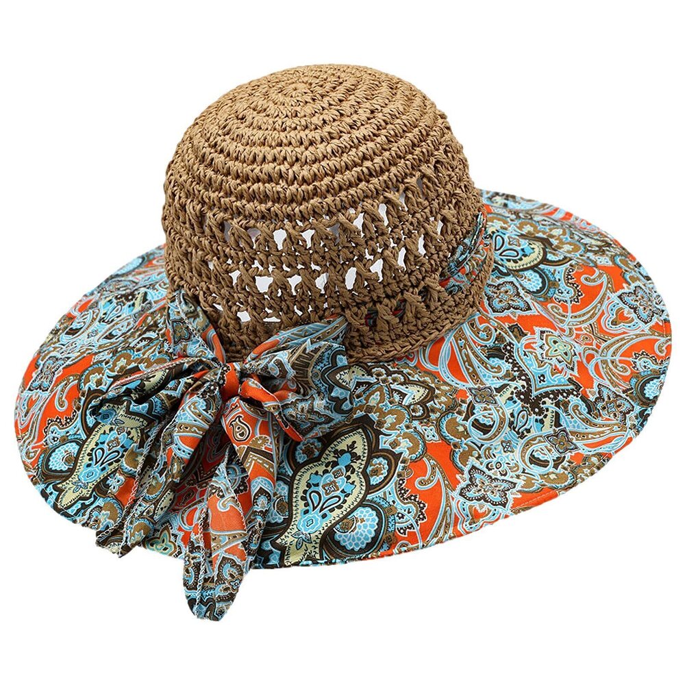 1698 Straw Sun Hat BohemianFloral Floppy Summer Beach Cap with Bow UV